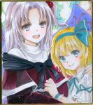  2girls :d alice_margatroid alice_margatroid_(pc-98) blonde_hair blue_eyes blue_hairband blue_ribbon blue_wristband book bow cape closed_mouth commentary_request demon_wings dress frilled_shirt_collar frilled_wristband frills grey_eyes grey_hair hair_bow hairband hajike_akira happy highres hug long_hair mother_and_daughter multiple_girls neck_ribbon open_mouth puffy_short_sleeves puffy_sleeves red_cape red_dress ribbon shinki_(touhou) shirt short_hair short_sleeves side_ponytail smile suspenders teeth touhou touhou_(pc-98) traditional_media turtleneck upper_teeth_only very_long_hair white_shirt wings 