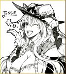  1girl ;d bangs breasts character_name cleavage english_text food fruit greyscale hand_on_headwear hat highres hinanawi_tenshi ishida_kazuma large_breasts leaf long_hair looking_at_viewer monochrome one_eye_closed peach shikishi simple_background smile solo star_(symbol) touhou traditional_media upper_body 
