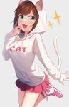  1girl :d animal_ears animal_hood bangs blush brown_hair cat_ears cat_hood cat_tail collarbone fake_animal_ears fang green_eyes grey_background highres hood hood_up hooded_sweater idolmaster idolmaster_cinderella_girls kurageso long_sleeves maekawa_miku miniskirt pink_footwear pink_skirt pleated_skirt print_sweater shiny_hair shoes short_hair simple_background skirt sleeves_past_wrists smile sneakers solo sweater tail white_sweater 