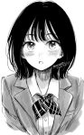  1girl :o artist_name blazer blush buttons collared_shirt commentary_request dated greyscale jacket looking_at_viewer medium_hair monochrome neckerchief open_mouth original plaid_neckerchief school_uniform shirt signature simple_background solo split_mouth sugano_manami upper_body white_background 