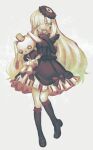  1girl blonde_hair boots covering_own_mouth dress earrings full_body gloves hat highres holding holding_stuffed_toy jewelry long_hair mayu_(vocaloid) olinyuu solo stuffed_animal stuffed_rabbit stuffed_toy very_long_hair vocaloid yellow_eyes 