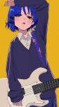  1girl absurdres arm_up bass_guitar blonde_hair blue_cardigan blue_hair blue_skirt bocchi_the_rock! cardigan collared_shirt dress_shirt film_grain highres holding holding_bass holding_instrument holding_plectrum instrument long_sleeves looking_at_viewer pleated_skirt plectrum school_uniform shimokitazawa_high_school_uniform shinaq shirt short_hair simple_background skirt sleeves_past_wrists solo standing teeth upper_body white_shirt yamada_ryo yellow_background yellow_eyes 