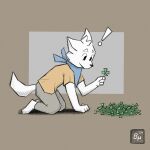  anthro bandanna border bruno_borker canid canine canis clothed clothing clover_(plant) clover_leaf domestic_dog exclamation_point four_leaf_clover hi_res holding_object holding_plant kerchief kneeling leaf male mammal plant simple_background solo surprised_expression tail 