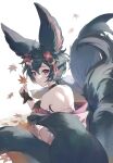  1girl animal_ears bangs bare_shoulders black_hair choker closed_mouth detached_sleeves fingerless_gloves gloves granblue_fantasy hair_ornament highres holding holding_leaf leaf looking_at_viewer looking_back maple_leaf multiple_tails red_eyes shiromimin short_hair sitting solo tail you_(granblue_fantasy) 