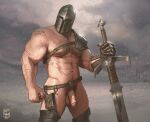  1boy abs arm_hair bara celeryman chest_hair chest_tattoo cloud covered_face cowboy_shot flaccid grey_background helmet highres holding holding_sword holding_weapon knee_pads knight male_focus metal_gloves muscular muscular_male navel_hair nude original outdoors pectorals penis pocket rain signature single_shoulder_pad solo sword tattoo weapon 