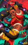  1girl abs artist_name ass black_hair braid breasts brown_eyes cassette_player dark-skinned_female dark_skin earphones headband highres kimberly_(street_fighter) large_breasts looking_at_viewer midriff multiple_braids nail_polish paint red_shirt shirt shoes sneakers solo spray_paint spunkyramaz street_fighter street_fighter_6 thighs tight 