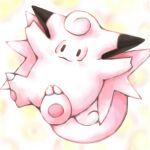 arms_up black_eyes claws clefable closed_mouth curled_tail english_commentary multicolored_background no_humans pink_tail pink_wings pokemon pokemon_(creature) sailorclef smile solid_oval_eyes solo tail wings 