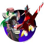  2017 absurdres afterburner aircraft airplane alien asplenia_studios beret canards dated energy_cannon english_commentary fighter_jet gloves glowing green_hair hat headwear_removed helmet helmet_removed highres jet lights looking_at_viewer macross macross_m3 miclone military military_vehicle millia_jenius pilot pilot_suit robot roundel science_fiction signature spacesuit thrusters u.n._spacy variable_fighter vehicle_focus vf-9 western_comics_(style) 
