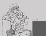  1boy 1girl alternate_hairstyle casual closed_mouth couch food greyscale hawaiian_shirt head_rest lycoris_recoil majima_(lycoris_recoil) monochrome nishikigi_chisato on_couch paku_splosion popcorn shirt simple_background sitting size_difference sketch sleeveless spaghetti_strap spread_legs twintails watching_television 