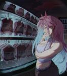  1girl blood blood_bag chainsaw_man cleavage_cutout clothing_cutout commentary crop_top demon_girl demon_horns english_commentary fingernails fisheye highres horns jewelry licking_lips long_hair necklace night pearl_necklace pink_hair power_(chainsaw_man) sharp_fingernails sleepukittu tongue tongue_out vending_machine wavy_hair yellow_eyes 