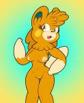  anthro breasts elizabeth_(pwmtstar) female generation_9_pokemon genitals happy hi_res nintendo nude orange_body pawmot pokemon pokemon_(species) pussy pwmtstar_(artist) simple_background solo yellow_eyes 
