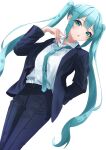  1girl :o absurdres amaama_(beccyonaika1) aqua_eyes aqua_hair aqua_nails aqua_necktie arm_behind_back blue_jacket blue_pants collared_shirt commentary dress_shirt dutch_angle formal hair_ornament hand_to_own_face hand_up hatsune_miku highres jacket long_hair looking_at_viewer loose_necktie necktie open_mouth pants shirt solo suit suit_jacket twintails very_long_hair vocaloid white_background 