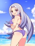  1girl ass azure_striker_gunvolt back bangs beach bikini blue_sky blush breasts cloud cloudy_sky cougar_(cougar1404) cowboy_shot crossed_arms day elise_(gunvolt) from_behind grey_hair halterneck horizon long_hair looking_at_viewer looking_back medium_breasts ocean outdoors parted_bangs purple_eyes side-tie_bikini_bottom sky solo sweatdrop swimsuit very_long_hair 