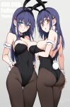  2girls absurdres animal_ears ass black_leotard blue_eyes blue_hair blush breasts detached_collar fake_animal_ears fake_tail highleg highleg_leotard highres hoshizuki_kaede hoshizuki_suzu kaede_to_suzu kyokucho large_breasts leotard long_hair looking_at_viewer looking_back mole mole_on_breast multiple_girls orange_eyes original pantyhose playboy_bunny rabbit_ears siblings simple_background sisters strapless strapless_leotard tail twins 