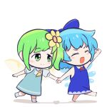  2girls :o ^_^ arm_up ascot barefoot blue_bow blue_dress blue_hair blush bow chibi cirno closed_eyes closed_mouth daiyousei detached_wings dress esthoric fairy_wings film_grain flower full_body green_eyes green_hair hair_bow hair_flower hair_ornament heart highres holding_hands ice ice_wings multiple_girls no_nose pinafore_dress puffy_short_sleeves puffy_sleeves red_bow romaji_commentary shadow short_hair short_sleeves side_ponytail simple_background sleeveless sleeveless_dress smile socks standing standing_on_one_leg tareme touhou v-shaped_eyebrows walking white_background white_socks wings yellow_ascot 