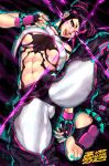  abs absurdres artist_name ass_visible_through_thighs aura baggy_pants bangs black_background black_hair black_panties bracelet breasts cleavage collar dark_aura drill_hair feet gloves groin han_juri highres jewelry large_breasts leg_up licking_lips looking_at_viewer midriff multicolored_hair nail_polish one_knee panties pants purple_eyes purple_hair spiked_anklet spiked_bracelet spiked_collar spikes spunkyramaz street_fighter street_fighter_6 tongue tongue_out twin_drills underwear yin_yang zipper 