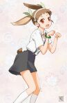  1girl animal_ears bandaid bandaid_on_knee bandaid_on_leg bracelet brown_hair fang green_ribbon hachikuji_mayoi jewelry kikumaru_bunta monogatari_(series) open_mouth paw_pose rabbit_ears rabbit_girl rabbit_tail red_eyes red_ribbon ribbon school_uniform shirt signature skin_fang skirt socks solo suspender_skirt suspenders tail white_shirt white_socks 