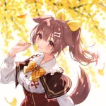  1girl :3 animal_ears blush bone_hair_ornament bow bowtie breasts brown_capelet brown_eyes brown_hair capelet center_frills closed_mouth dog_ears dog_girl dog_tail fingernails frilled_shirt frilled_shirt_collar frills ginkgo_leaf hair_bow hair_ornament hairclip high-waist_skirt highres holding holding_leaf hololive inugami_korone leaf long_hair long_sleeves looking_at_viewer medium_breasts nail_polish official_alternate_costume official_alternate_hairstyle paw_ornament plaid plaid_bow plaid_bowtie ponytail red_skirt ria_(lya_s2) shirt skirt smile solo tail taut_clothes taut_shirt upper_body virtual_youtuber white_shirt yellow_bow yellow_bowtie yellow_nails 
