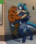  against_surface against_wall alibi-cami allanor_(carenath) anal anthro backsack balls blue_body blue_fur blush bodily_fluids duo equid equine felkin fur genitals hi_res horse kissing lifted looking_at_another male male/male mammal muscular saliva saliva_string tongue 