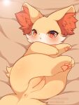  2023 anus artist_name bedding bedding_background blush cheek_tuft digital_media_(artwork) eyelashes facial_tuft female fennekin feral fur generation_6_pokemon genitals glistening glistening_eyes head_tuft hi_res hindpaw inner_ear_fluff looking_at_viewer lying multicolored_body multicolored_fur nintendo on_back open_mouth pawpads paws pokemon pokemon_(species) pussy red_body red_eyes red_fur red_inner_ear_fluff red_nose seviyummy solo text tuft url white_body white_fur yellow_body yellow_fur 