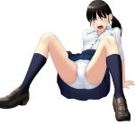  1girl arm_support bangs black_eyes black_footwear black_hair black_scrunchie blue_skirt blue_socks blush commentary_request constricted_pupils crotch_seam dress_shirt fallen_down frown hair_ornament hair_scrunchie highres leaning_back loafers low_twintails maburu_(lojyq1eur3e8bit) miniskirt open_mouth original outstretched_arms panties pantyshot pleated_skirt school_uniform scrunchie shirt shoes simple_background sitting skirt sleeves_rolled_up socks solo spread_arms twintails underwear white_background white_panties white_shirt wing_collar 