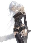  1girl android black_shirt dino_(dinoartforame) elbow_gloves gloves highres joints long_hair looking_down nier_(series) nier_automata robot_joints shirt simple_background solo standing strapless thighhighs white_background white_hair yorha_type_a_no._2 