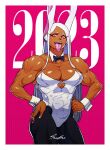  1girl 2023 abs animal_ears boku_no_hero_academia bow bowtie breasts cleavage clenched_hand dark-skinned_female dark_skin hands_on_hips highres long_hair looking_to_the_side mirko muscular muscular_female pink_background pink_eyes playboy_bunny rabbit_ears red_eyes sheep_shin toned tongue tongue_out white_hair wrist_cuffs 