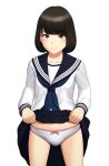  1girl bangs black_sailor_collar black_skirt blue_neckerchief bob_cut bow bow_panties closed_mouth clothes_lift commentary_request cowboy_shot crotch_seam frown highres lifted_by_self long_sleeves looking_at_viewer maburu_(lojyq1eur3e8bit) miniskirt neckerchief original panties pleated_skirt sailor_collar school_uniform serafuku shirt short_hair simple_background skirt skirt_lift solo standing underwear white_background white_shirt 