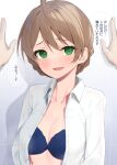  1girl ahoge bangs binsen blue_bra blush bra braid breasts brown_hair cleavage collarbone commentary_request eyelashes green_eyes highres idolmaster idolmaster_million_live! kabedon large_breasts long_sleeves looking_at_viewer midriff open_clothes open_shirt pov pov_hands sakuramori_kaori shirt simple_background smile solo_focus speech_bubble translation_request underwear upper_body white_shirt 