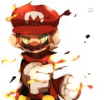  1boy blue_overalls brown_hair facial_hair fire gloves looking_at_viewer mario mario_(series) mustache overalls red_headwear simple_background solo uroad7 white_background white_gloves yellow_eyes 