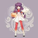  1girl apron asahi_(pamuko) bamboo_steamer bangs baozi blush chinese_clothes double_bun food full_body hair_bobbles hair_bun hair_ornament holding holding_plate long_hair open_mouth plate purple_eyes purple_hair ranma_1/2 shampoo_(ranma_1/2) short_sleeves smile solo two_side_up very_long_hair 