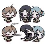  3girls aioi_yuuko artist_name black_eyes black_hair blue_eyes blue_hair brown_hair brown_shirt chibi closed_eyes colored_sclera distortion english_commentary extended_mouth glasses highres kyuunn looking_to_the_side minakami_mai multiple_girls naganohara_mio nichijou one_side_up pink_sclera puckered_lips sailor_collar school_uniform shirt short_hair sketch tokisadame_school_uniform 