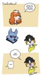  3_panel_comic anthro bandanna bandanna_on_neck bird_dog black_body black_fur black_sclera blue_body blue_fur blush brown_body brown_fur canid canine canis cheek_tuft chin_tuft cocker_spaniel death_(puss_in_boots) dialogue domestic_dog dot_eyes duo english_text facial_hair facial_tuft floppy_ears freckles_(artist) fur half-closed_eyes humor hunting_dog kerchief male mammal mustache narrowed_eyes open_mouth open_smile pecas_(freckles) simple_background smile smirk smug smug_face smug_grin spaniel speech_bubble text tuft white_body white_fur wolf 