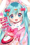  1girl 2023 animal_ears bangs blue_eyes blue_hair blush bow carrot_hair_ornament carrot_print chinese_zodiac double_bun fake_animal_ears food food-themed_hair_ornament food_print frilled_sleeves frills fur_collar hair_bow hair_bun hair_ornament happy_new_year hatsune_miku highres holding japanese_clothes kimono koyubisennti long_hair long_sleeves looking_at_viewer maid_headdress name_tag new_year open_mouth power_symbol-shaped_pupils rabbit_ears rabbit_hair_ornament smile solo spring_onion_hair_ornament star_(symbol) translation_request twintails very_long_hair vocaloid wagashi year_of_the_rabbit 