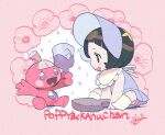  1girl aged_down baby bangs bib black_hair blunt_bangs blush_stickers bob_cut bonnet character_name cherico dress flower holding holding_weapon open_mouth pokemon pokemon_(game) pokemon_sv poppy_(flower) poppy_(pokemon) purple_eyes short_hair smile socks tinkatink weapon white_socks 