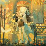  1girl artist_name bangs bench black_shorts blue_hair blurry blurry_foreground boots bouquet bug butterfly cape closed_eyes evening facing_viewer flower frilled_shorts frills gloves grass grin halo highres holding holding_bouquet house kumomachi leaf light_blue_hair light_particles mechanical_halo medium_hair orange_theme original plant short_twintails shorts shutter side_slit smile solo stained_glass swept_bangs thigh_boots tree twintails watering_can white_cape white_footwear white_gloves window 