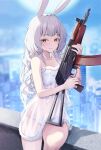  1girl animal_ears bare_arms bare_legs blush bra breasts city cityscape collarbone commentary_request grin gun holding holding_gun holding_weapon ledge lingerie long_hair looking_at_viewer medium_breasts negligee original pale_skin panties pi_tayuko rabbit_ears rabbit_girl red_eyes sitting smile smug solo underwear very_long_hair wavy_hair weapon weapon_request white_bra white_hair white_negligee white_panties 