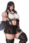  1girl abs belt brown_hair elbow_gloves final_fantasy final_fantasy_vii final_fantasy_vii_remake gloves highres long_hair mootium muscular muscular_female one_eye_closed red_eyes skirt solo suspender_skirt suspenders tank_top thick_thighs thighhighs thighs tifa_lockhart white_background white_tank_top 
