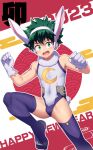  1boy 2023 absurdres animal_ears bare_shoulders bishounen bodysuit boku_no_hero_academia bulge chinese_zodiac commentary commentary_request covered_navel crescent_moon crossdressing fake_animal_ears freckles gloves green_eyes green_hair happy_new_year highres looking_at_viewer male_focus midoriya_izuku moon open_mouth rabbit_ears rabbit_tail ryuuki_(eruk8993) short_hair smile solo spiked_hair tail testicle_peek thighhighs white_gloves year_of_the_rabbit 