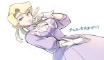  1girl blonde_hair blue_eyes braid breasts choker cleavage collar collarbone dress finger_to_own_chin glacia_(pokemon) gloves momoji_(lobolobo2010) pokemon pokemon_(game) pokemon_oras puffy_short_sleeves puffy_sleeves purple_dress short_hair short_sleeves simple_background sleeves_past_elbows white_background white_choker white_gloves 