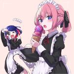  &gt;_&lt; 2girls alternate_costume apron bangs black_dress black_ribbon blue_eyes blue_hair blunt_bangs blush braid camera collared_shirt colored_inner_hair dress enmaided floating_hair french_braid hair_ornament hair_ribbon hairclip headwear_removed holding_ice_cream ice_cream_cone imminent_bite juliet_sleeves kaf_(kamitsubaki_studio) kamitsubaki_studio leg_up long_sleeves looking_at_viewer maid maid_apron maid_headdress multicolored_eyes multicolored_hair multiple_girls neck_ribbon open_mouth pleia90 puffy_sleeves red_eyes red_hair red_ribbon ribbon rim_(kamitsubaki_studio) shirt short_hair short_ponytail smile swept_bangs taking_picture virtual_youtuber yellow_pupils 