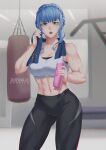  1girl abs artist_name bangs blue_hair bottle braid breasts brown_eyes crown_braid eonhild fire_emblem fire_emblem:_three_houses gym highres marianne_von_edmund muscular muscular_female open_mouth pants punching_bag sidelocks signature solo sports_bra sportswear sweat teeth toned towel upper_teeth_only water_bottle yoga_pants 