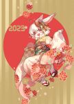  1girl 2023 absurdres animal_ears artist_name body_fur brown_background brown_kimono cherry_blossoms chinese_zodiac falling_petals floating full_body furry furry_female hair_ornament highres japanese_clothes kimono long_sleeves looking_at_viewer mullmull02 multicolored_background neck_fur new_year obi obijime okobo open_mouth original petals rabbit_ears rabbit_girl red_background red_eyes sash shide short_hair solo striped striped_background tabi teeth twitter_username upper_teeth_only white_fur white_hair wide_sleeves year_of_the_rabbit 