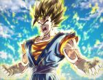  1boy absurdres aura brown_hair clenched_hands dragon_ball dragon_ball_z earrings gloves green_eyes highres jewelry male_focus mocky_art muscular muscular_male open_mouth potara_earrings powering_up solo upper_body vegetto white_gloves 