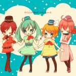  4girls :3 ankle_boots asahi_(pamuko) bangs blonde_hair blue_eyes blue_hair blush boots chibi closed_eyes cloud cross-laced_footwear dress elbow_gloves flats gloves hair_ornament hair_over_shoulder hand_on_own_cheek hand_on_own_face hat hatsune_miku headset kagamine_rin knee_boots lace-up_boots long_hair megurine_luka meiko_(vocaloid) multiple_girls neckerchief open_mouth pantyhose pink_hair ponytail red_eyes red_hair shirt short_hair short_sleeves side_slit sleeveless sleeveless_dress smile song_name star_(symbol) star_hair_ornament striped striped_dress striped_shirt twintails vocaloid 