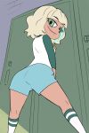  1girl ass blonde_hair breasts closed_mouth freckles green_eyes haruyama_kazunori jackie_lynn_thomas locker looking_at_viewer multicolored_hair short_hair shorts smile solo star_vs_the_forces_of_evil 