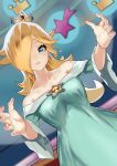  1girl arms_up blonde_hair blue_eyes blush crown dress earrings highres jewelry kurere1202 long_hair looking_at_viewer mario_(series) nail_polish rosalina solo spade_hands star_(symbol) super_mario_galaxy topless 