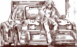  1boy animal_ears boots car commission fur-trimmed_jacket fur_trim greyscale ground_vehicle highres indie_virtual_youtuber jacket leaning_forward male_focus mg_metro_6r4 mizukiri_fuurai monochrome motor_vehicle nino_lisica off_shoulder pants race_vehicle racecar rally_car shirt skeb_commission sleeveless sleeveless_shirt smile solo vehicle_focus virtual_youtuber 