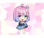  1girl ahoge blue_dress blush_stickers bob_cut bow crown dress gradient gradient_dress gradient_hair himemori_luna hololive looking_at_viewer mini_crown multicolored_hair noi_mine open_mouth pink_hair smile socks solo standing white_bow white_socks 