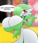  clothing ellipsis english_text female gardevoir generation_3_pokemon green_hair hair hair_over_eye hi_res humanoid hyperflannel nintendo one_eye_obstructed open_mouth pokemon pokemon_(species) red_eyes solo speech_bubble text topwear white_body 